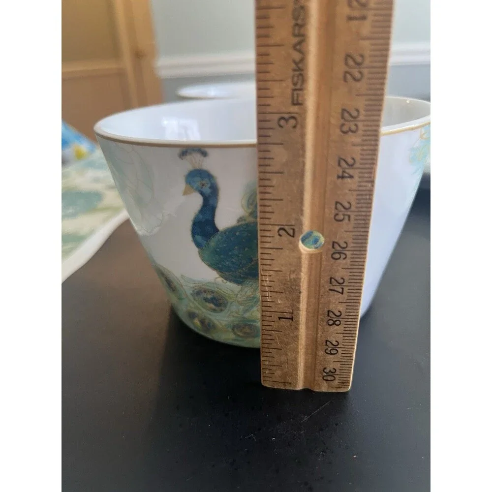 Lakshmi Turquoise Teal Gold Peacock Feathers Bowls Plates  222 Fifth 4pc